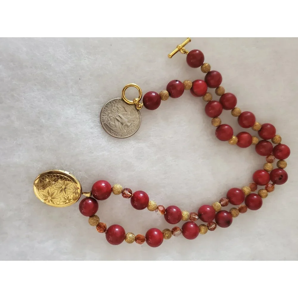 Red Coral Beaded Necklace with Gold Locket and Crystals, 20 inch